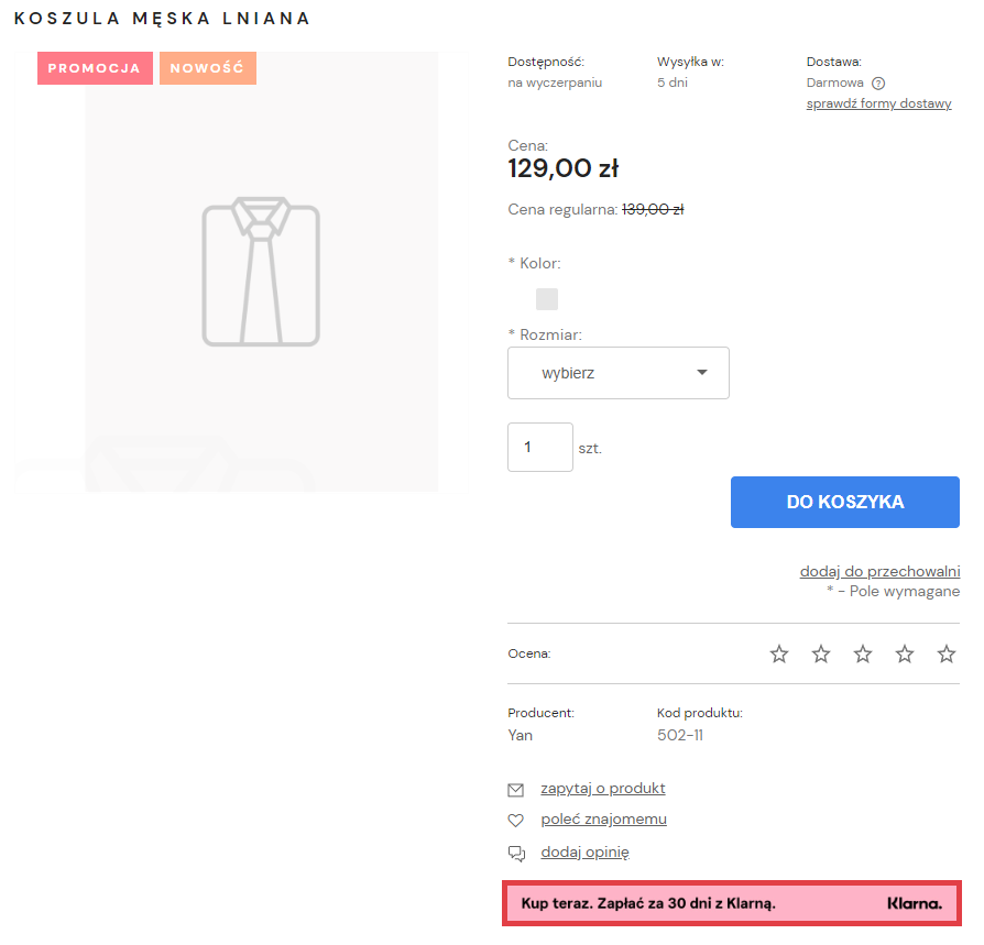 Przykładowy widok banera Klarny, który wyświetla się na karcie produktu w sklepie Shoper Strona sklepu Shoper > Karta produktu > Baner płatności Klarna