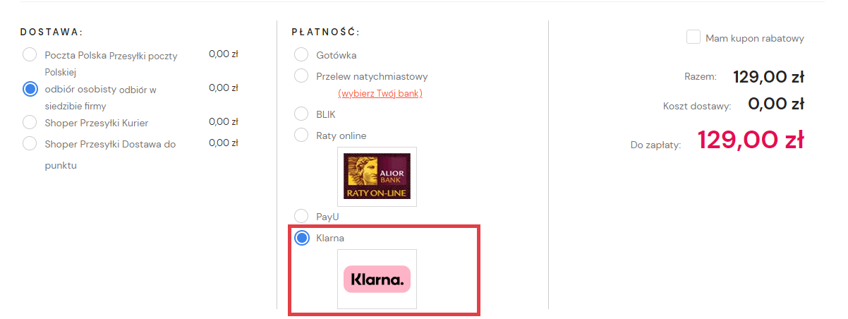 Przykładowy widok banera wyświetlanego podczas realizacji zamówienia w koszyku klienta Strona sklepu Shoper > Koszyk > Płatność > Klarna