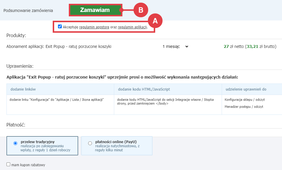 Panel administracyjny sklepu > Dodatki i integracje > Aplikacje > Exit Popup - ratuj porzucone koszyki > Instalacja