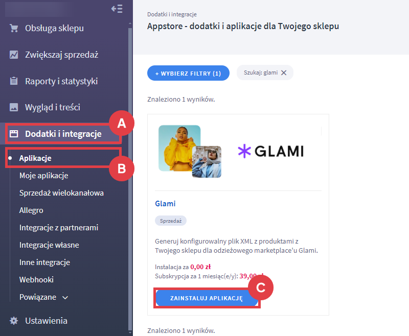 Zainstaluj wtyczkę do generowania feeda produktowego dla marketplace'a Glami Panel administracyjny > Dodatki i integracje > Aplikacje > Glami