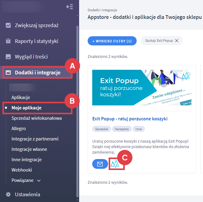 Panel administracyjny sklepu > Dodatki i integracje > Moje aplikacje > Exit Popup - ratuj porzucone koszyki