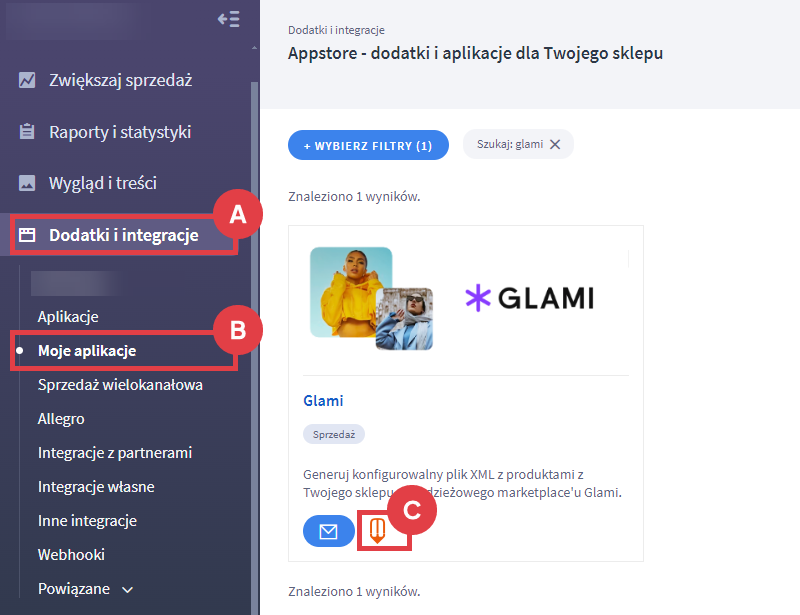 Uruchom aplikację i wygeneruj feed produktowy dla marketplace Glami Panel administracyjny > Dodatki i integracje > Moje aplikacje > Glami