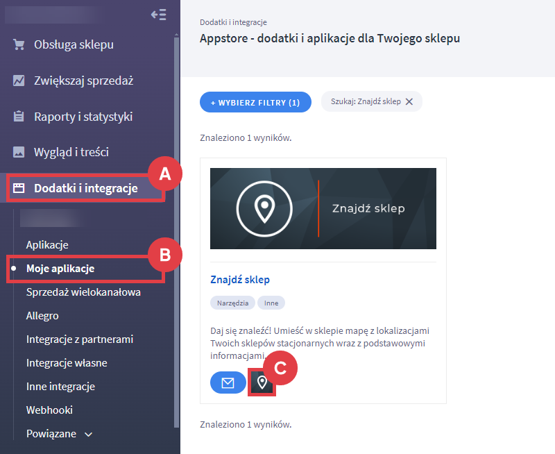 Uruchom aplikację i skonfiguruj mapę ze swoimi sklepami stacjonarnymi Panel administracyjny sklepu > Dodatki i integracje > Moje aplikacje > Znajdź sklep