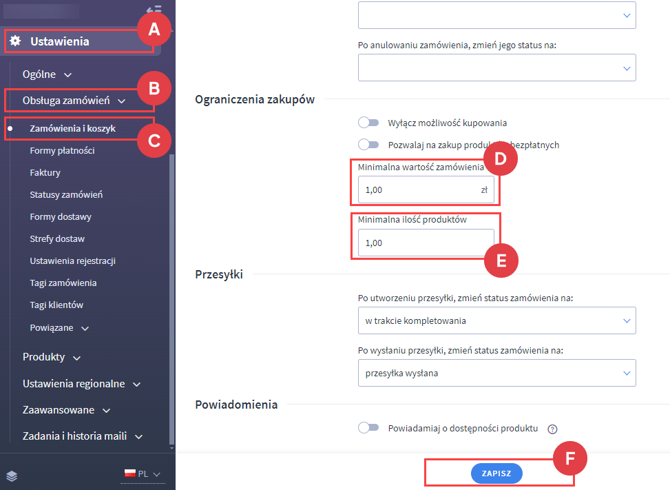 Przejdź do ustawienia ilości minimalne i maksymalnej produktów Panel administracyjny > Ustawienia > Obsługa zamówień > Zamówienia i koszyk > Ograniczenia zakupów