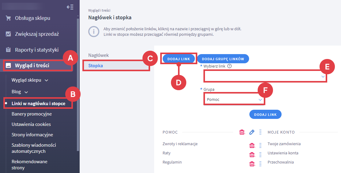 Panel administracyjny sklepu > Wygląd i treści > Linki w nagłówku i stopce > Stopka > Dodaj link > Regulamin