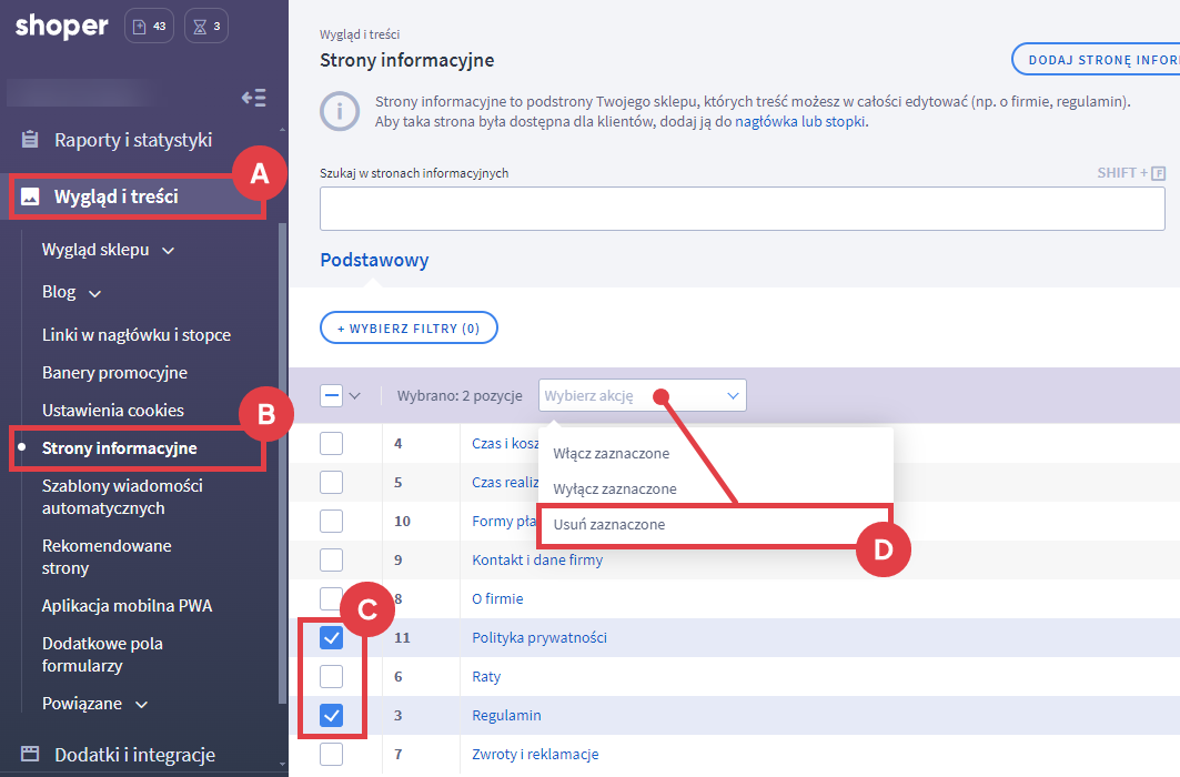 Panel administracyjny sklepu > Wygląd i treści > Strony informacyjne