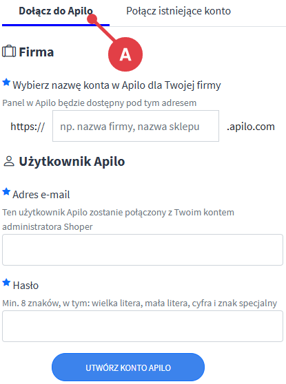 Załóż nowe konto w Apilo Panel administracyjny sklepu Shoper > Zwiększaj sprzedaż > Sprzedaż wielokanałowa >Dołącz do apilo