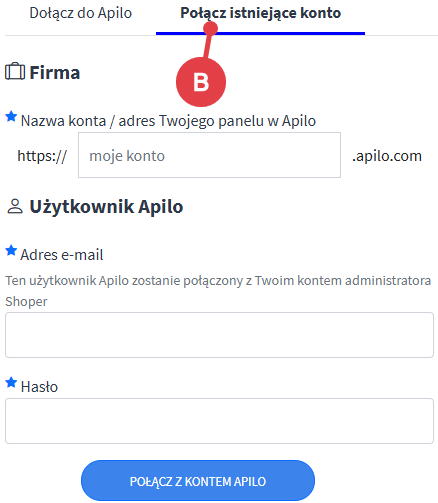 Zaloguj się do swojego konta w Apilo Panel administracyjny sklepu Shoper > Zwiększaj sprzedaż > Sprzedaż wielokanałowa >Połącz istniejące konto
