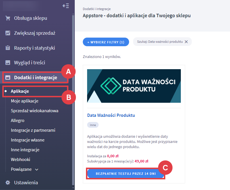 Dodaj do sklepu moduł wyświetlający datę ważności na karcie produktu Panel administracyjny > Dodatki i integracje > Aplikacje > Data Ważności Produktu