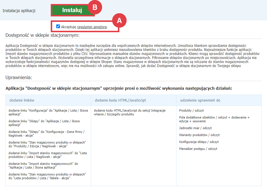 Panel administracyjny sklepu > Dodatki i integracje > Aplikacje > Dostępność w sklepie stacjonarnym > Instalacja