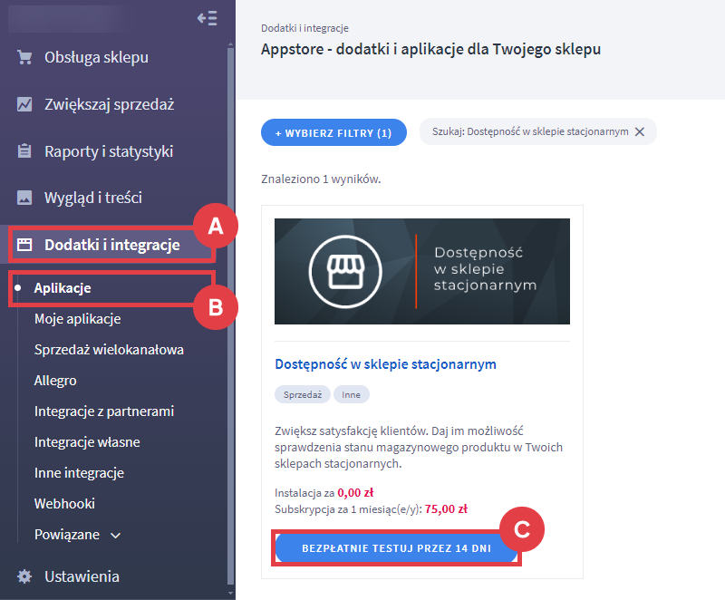 Panel administracyjny sklepu > Dodatki i integracje > Aplikacje > Dostępność w sklepie stacjonarnym
