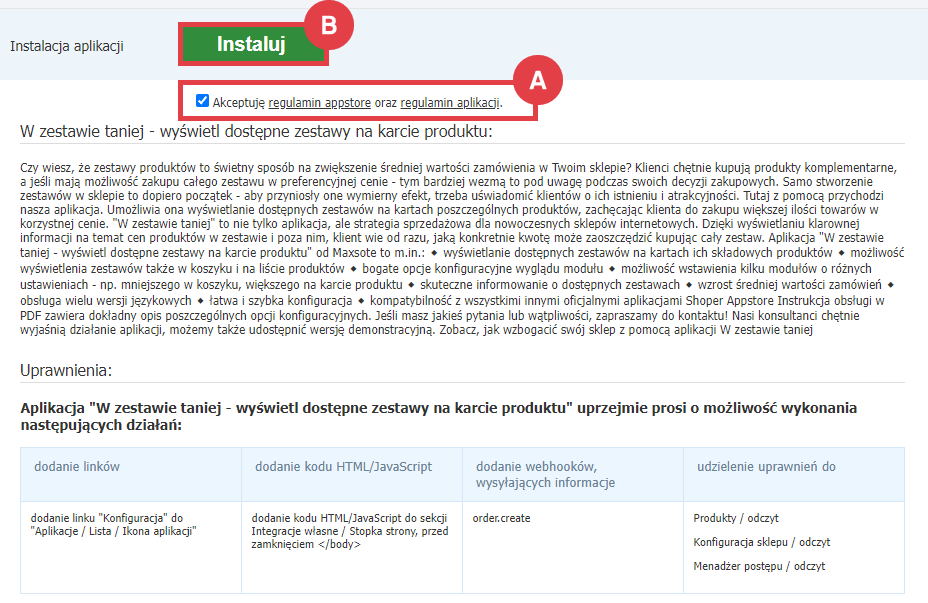 Panel administracyjny sklepu > Dodatki i integracje > Aplikacje > W zestawie taniej - wyświetl dostępne zestawy na karcie produktu > Instalacja