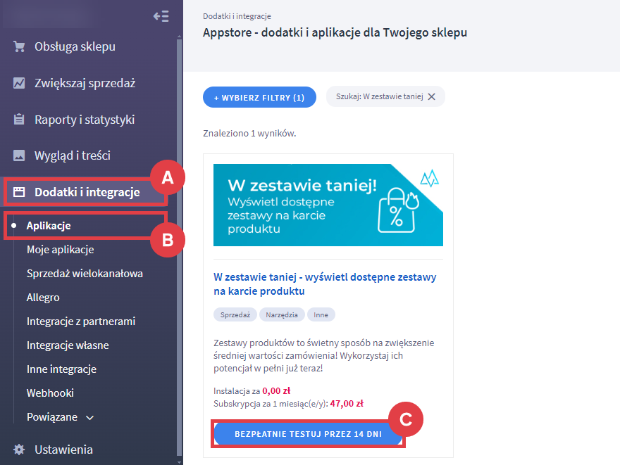 Panel administracyjny sklepu > Dodatki i integracje > Aplikacje > W zestawie taniej - wyświetl dostępne zestawy na karcie produktu