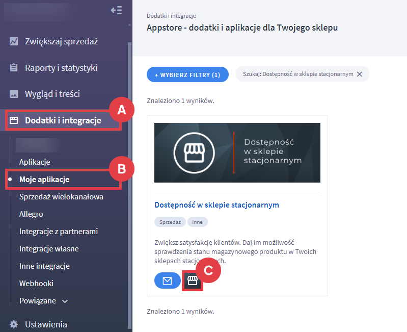 Panel administracyjny sklepu > Dodatki i integracje > Moje aplikacje > Dostępność w sklepie stacjonarnym
