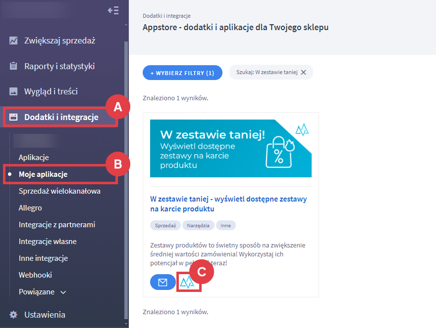 Panel administracyjny sklepu > Dodatki i integracje > Moje aplikacje > W zestawie taniej - wyświetl dostępne zestawy na karcie produktu
