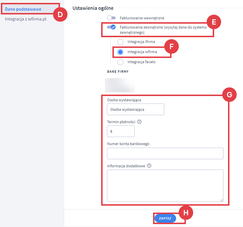 Wybierz integracja wfirma, aby ustawić ją jako zewnetrzne oprogramowanie do wystawiania faktur Opcje zewnętrznego fakturowania w sklepie internetowym Shoper
