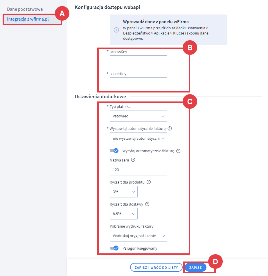 Panel administracyjny sklepu > Ustawienia > Obsługa zamówień > Faktury > Integracja z wfirma > Dostęp webapi