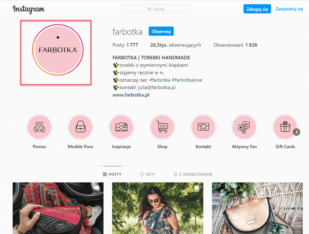 Przykład konta na Instagram, na którym została udostępniona relacja Przykładowe konto Instagram z dodaną relacją