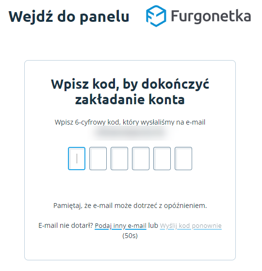 Wpisz 6-cio cyfrowy kod przesłany na adres e-mail Aplikacja Furgoentka > Aktywacja konta > Kod
