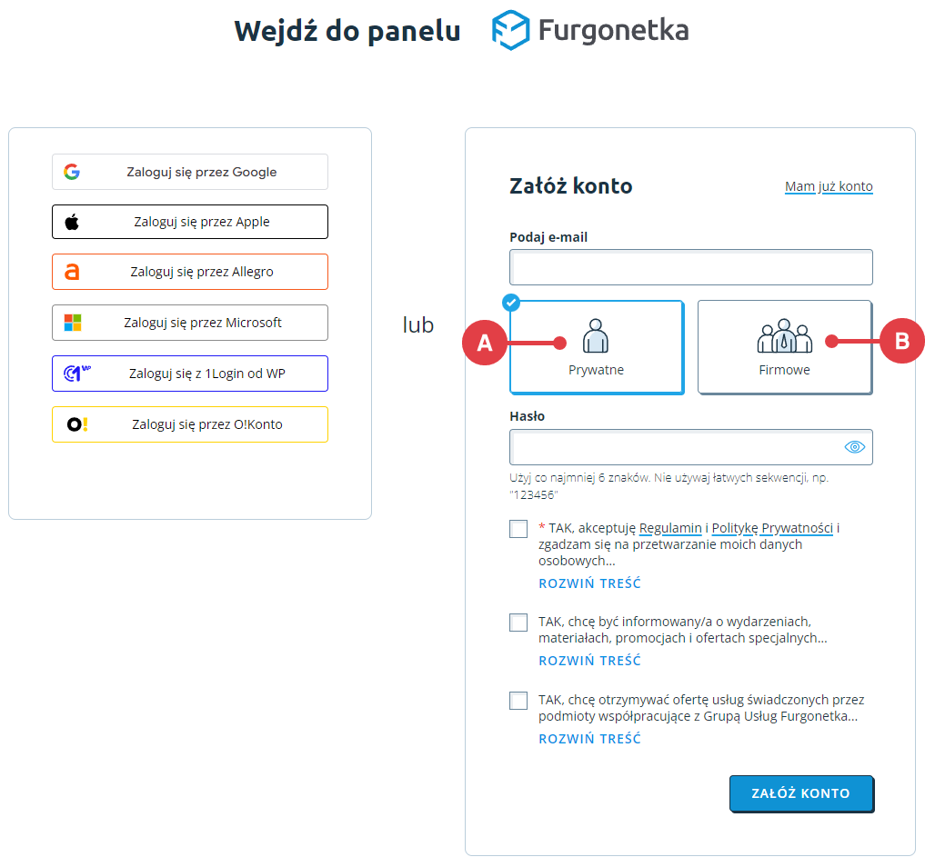 Formularz rejestracji nowego konta w serwisie Furgonetka.pl Aplikacja Furonetka > Rejestracja w systemie