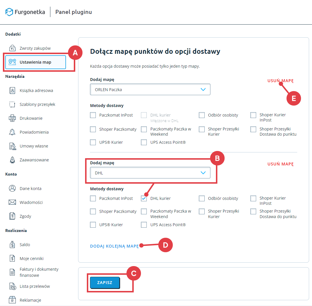 Powiąż mapy z formami dostawy ze sklepu Shoper Panel administracyjny > Dodatki i integracje > Moje aplikacje > Furgonetka > Ustawienia > Ustawienia map