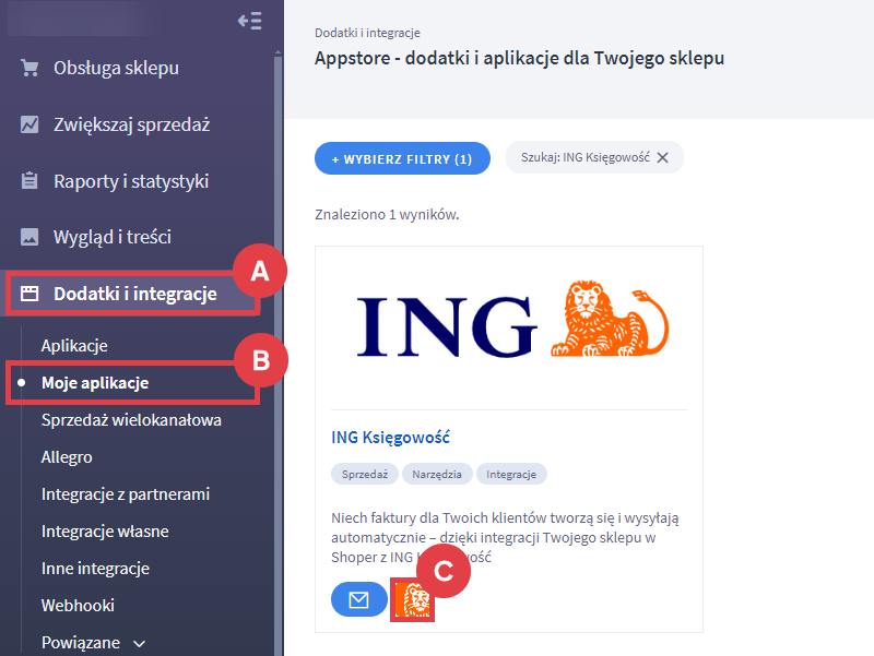 Panel administracyjny sklepu > Dodatki i integracje > Moje aplikacje > ING Księgowość