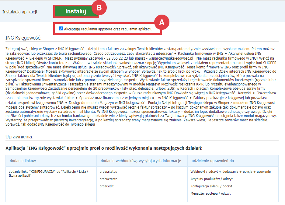 Panel administracyjny sklepu > Dodatki i integracje > Aplikacje > ING Księgowość > Instalacja