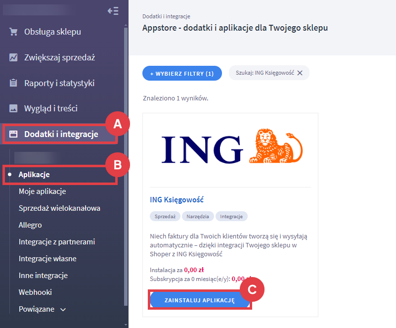 Panel administracyjny sklepu > Dodatki i integracje > Aplikacje > ING Księgowość