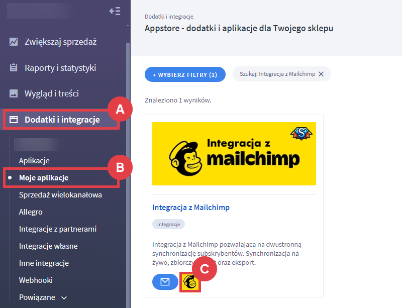 Panel administracyjny sklepu > Dodatki i integracje > Moje aplikacje > Integracja z Mailchimp