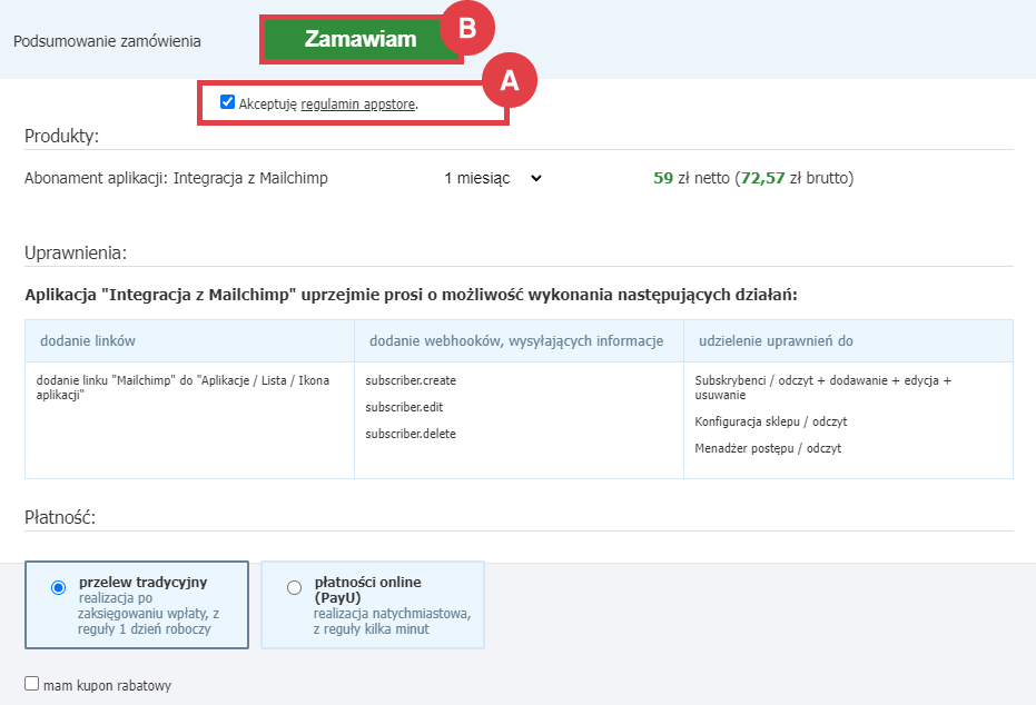 Panel administracyjny sklepu > Dodatki i integracje > Aplikacje > Integracja z Mailchimp > Zamawianie abonamentu