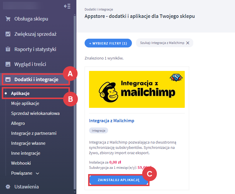 Panel administracyjny sklepu > Dodatki i integracje > Aplikacje > Integracja z Mailchimp