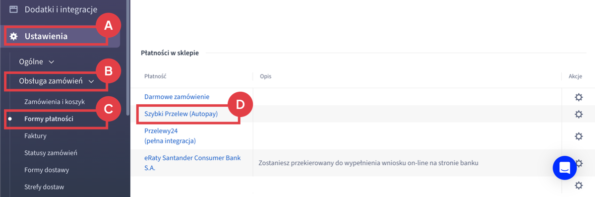 Edycja formy płatności: Przelew natychmiastowy w sklepie Shoper Panel administracyjny sklepu > Ustawienia > Obsługa zamówień > Formy płatności > Przelew natychmiastowy > Edycja