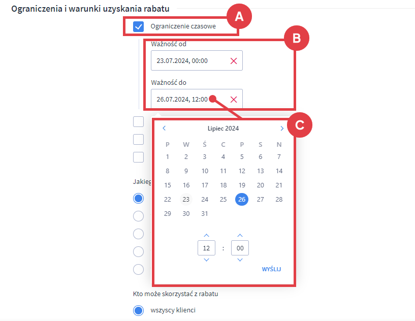 Panel administracyjny sklepu > Zwiększaj sprzedaż > Promocje i rabaty > Kupony rabatowe > Dodaj kupon rabatowy > Ograniczenie czasowe