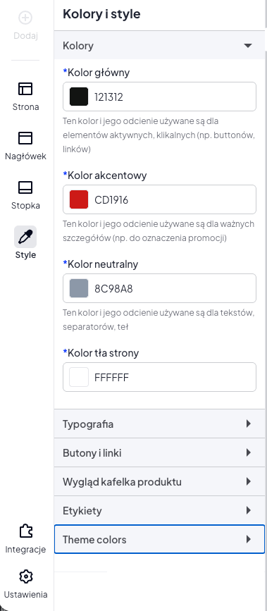 Ustawienia kolorów w szablonie sklepu Ustawienia kolorów w szablonie sklepu