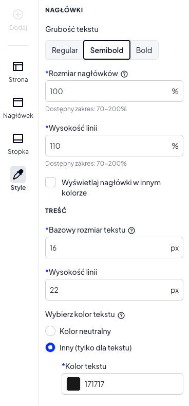 Ustawienia wyglądu tekstów szablonu Ustawienia wyglądu tekstów szablonu