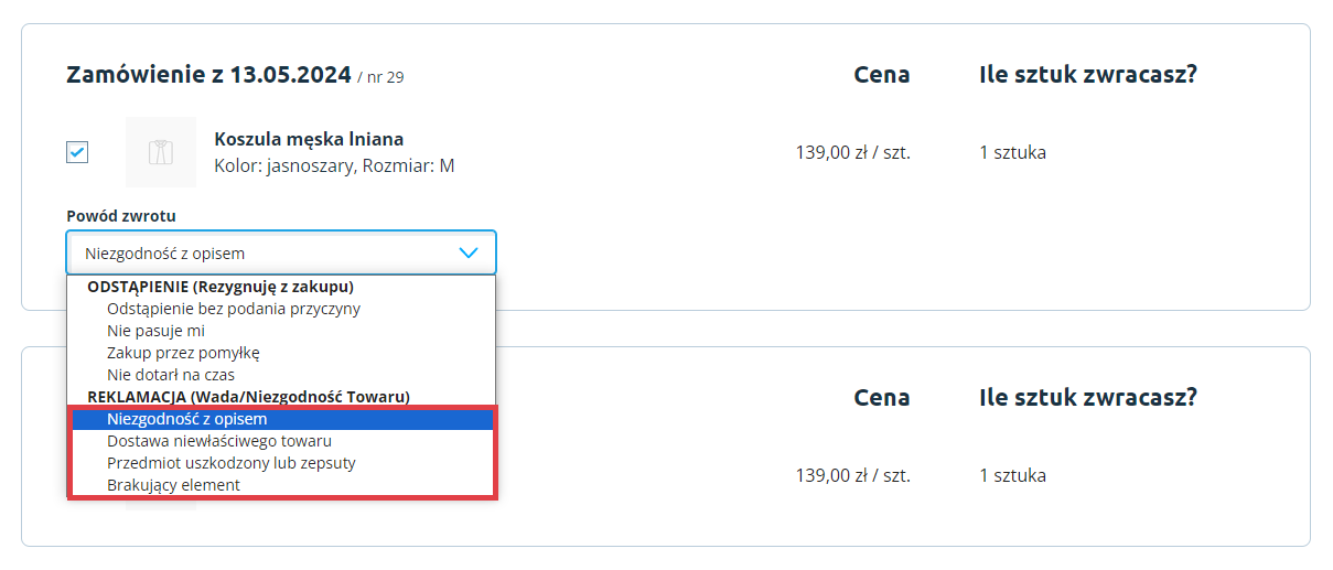 Panel Shoper Zwroty z perspektywy kupującego > Powód zwrotu