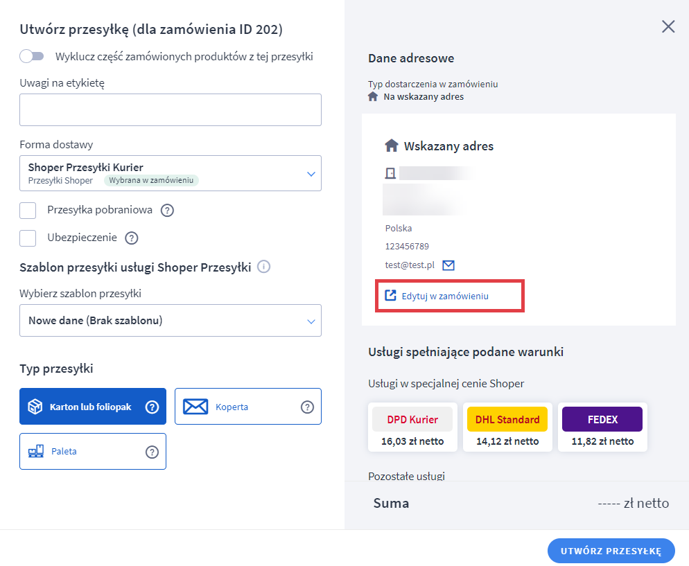 Panel administracyjny sklepu > Obsługa zamówień > Zamówienia > Utwórz przesyłkę > Formularz > Adres