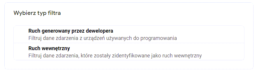 Wybierz typ filtra ruchu, który chcesz dodać w GA4 Google Analytics > Administracja > Ustawienia danych > Filtry danych > Utwórz filtr > Typ