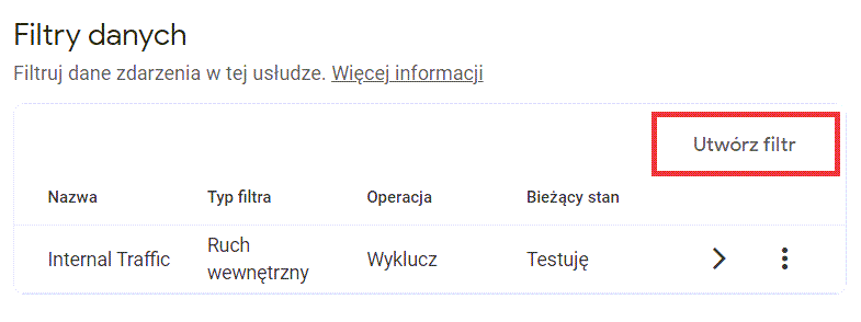 Utwórz filtr w panelu Google Analytics 4 Google Analytics > Administracja > Ustawienia danych > Filtry danych > Tworzenie filtra