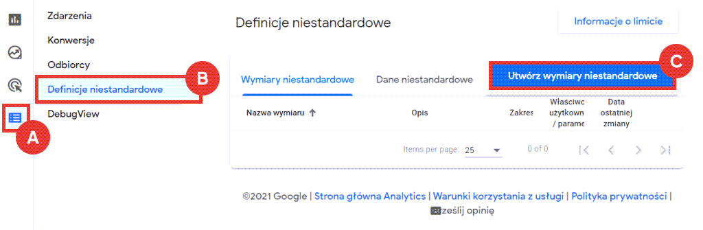 Google Analytics > Konfiguracja > Definicje niestandardowe