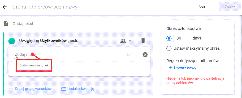 Google Analytics > Konfiguracja > Odbiorcy > Nowi odbiorcy > Utwórz grupę odbiorców niestandardowych > Dodawanie warunku
