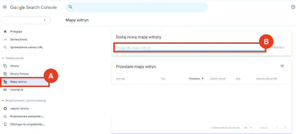 Google Search Console > Mapy witryn > Dodawanie nowej mapy witryny