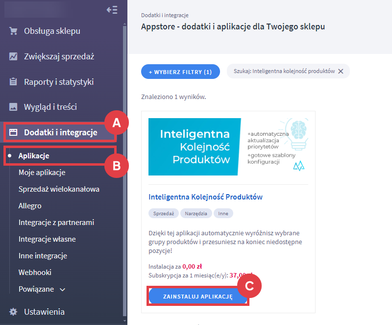 Panel administracyjny sklepu > Dodatki i integracje > Aplikacje > Inteligentna Kolejność Produktów