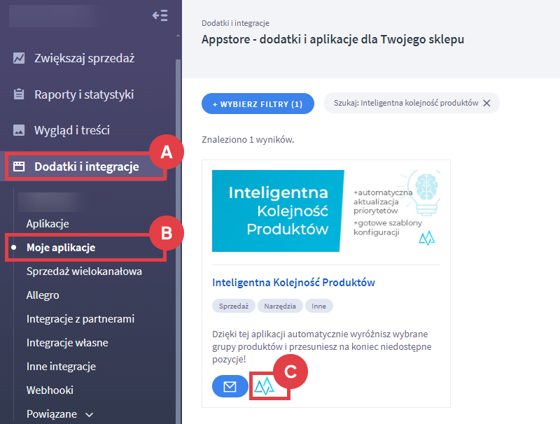 Panel administracyjny sklepu > Dodatki i integracje > Moje aplikacje > Inteligentna Kolejność Produktów