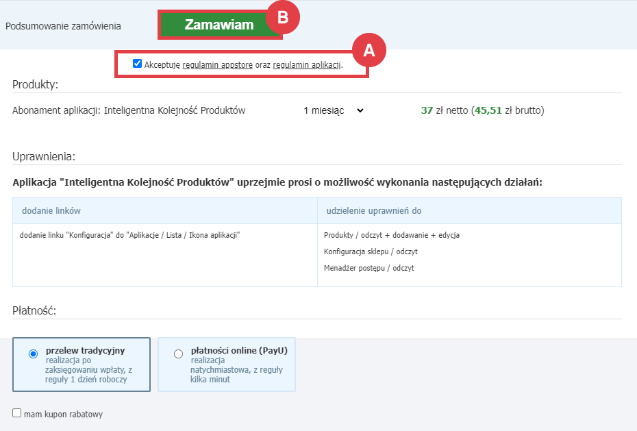 Panel administracyjny sklepu > Dodatki i integracje > Aplikacje > Inteligentna Kolejność Produktów > Zamawianie abonamentu