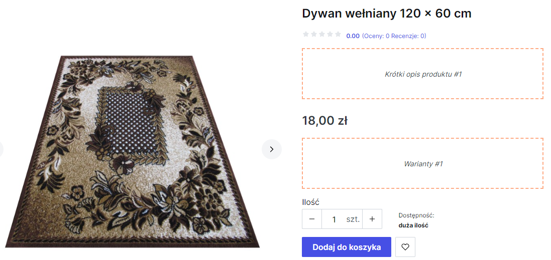Widok karty produktu w Shoper Visual Editor Przykład karty produktu w Shoper Visual Editor