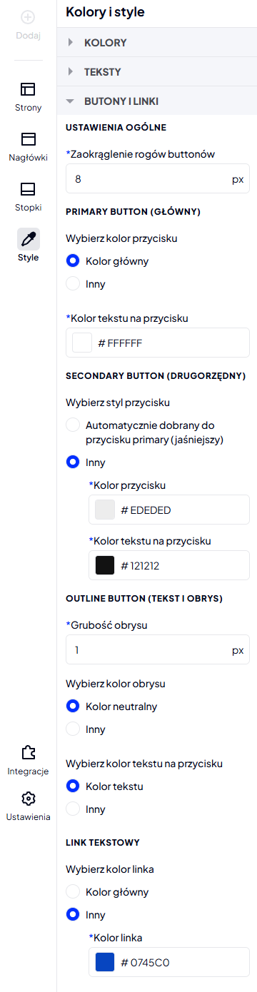 Jakie parametry mogę zmienić w sekcji: Butony i linki (Shoper Storefront)? Parametry dostępne do zmiany w sekcji: Butony i linki