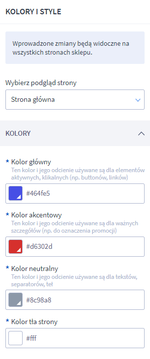 Zmiana kolorów w zakładce: Kolory i style w Shoper Visual Editor