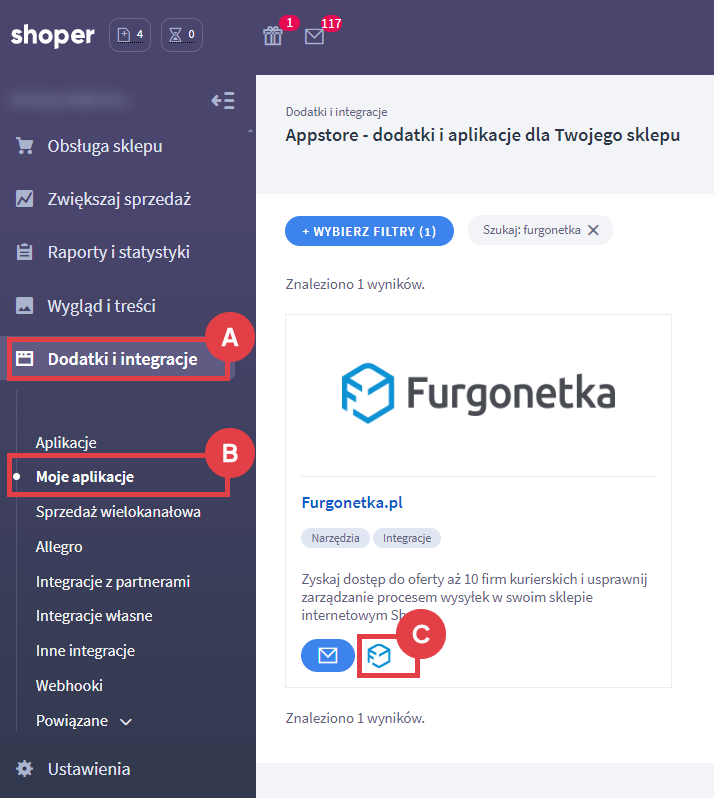 Wejdź do ustawień aplikacji Furgonetka w Panelu administracyjnym sklepu Panel administracyjny > Dodatki i integracje > Moje aplikacje > Furgonetka