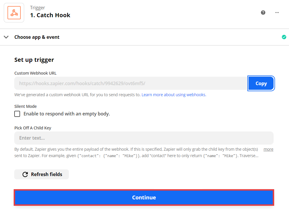 Panel Zapier > MAKE A ZAP > Webhook by Zapier > Trigger Event > Catch Hook > Custom Webhook URL > Continue